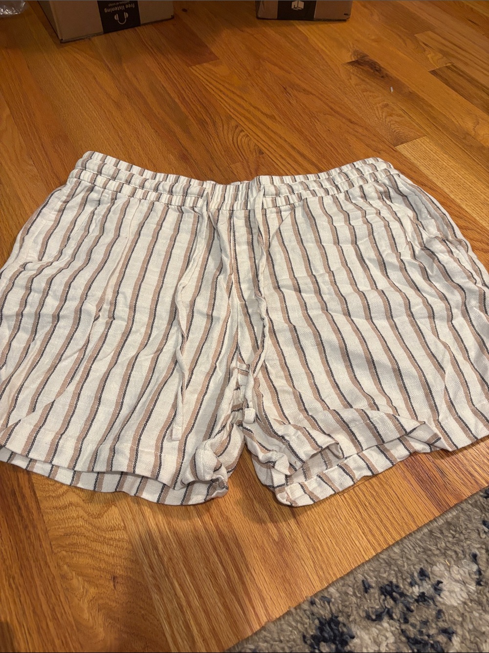 Women’s Striped Drawstring Shorts - White with Brown & Blue Stripes